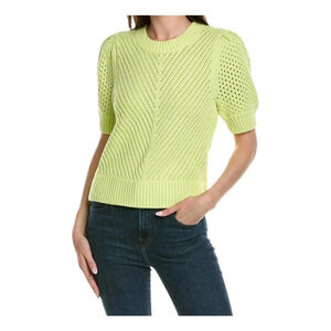 Cabi Beaming Sweater Crochet Knit Womens size M Neon Green Puff Sleeves Pullover